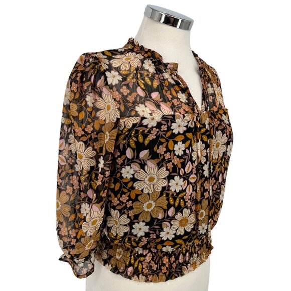 Monteau Floral Sheer Blouse With Metallic Details Half Sleeves Size Medium - Picture 5 of 10